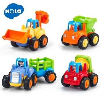 HOLA 4 Pack Trenie Poháňané Automobily - Push a Ísť Hračky, Stavebné Vozidlá Traktor, Cement Mixer, Buldozér & Dump Truck