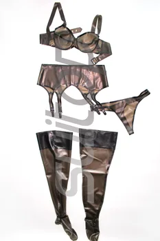 sexy kaučukového latexu underclothes oblek (podprsenka+podväzkové Pás+pančuchy+remeň) v transparentné, čierne a čierne čalúnenie veľkosť zákazku